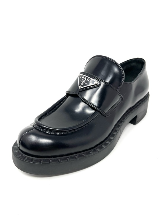 Prada Shoes - Prada Chocolate Black Triangle Logo Brushed Leather Loafers Heels Chunky 38.5